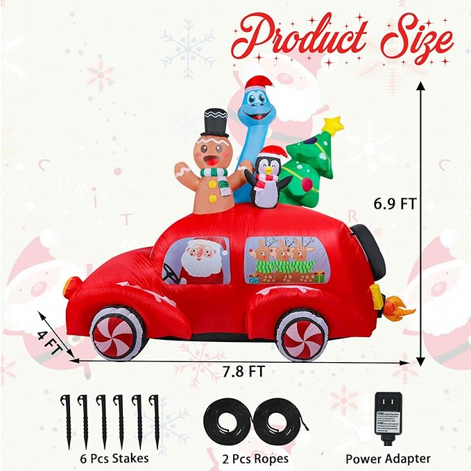 VCUTEKA Christmas Inflatables Outdoor Decorations - 8FT Inflatable Red Car with Gingerbread Man and Dinosaur Christmas Blow Up Yard Lighted for Holiday Garden Lawn Xmas Decor