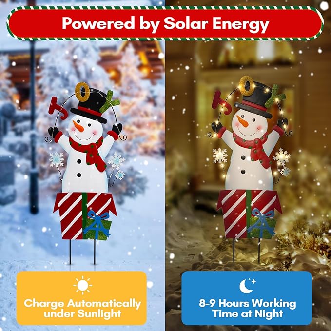 Solar Christmas Lights Outdoor Garden Stakes, 30in Metal Snowman Yard Signs with LED String Lights, Waterproof Christmas Decor for Xmas Lawn Pathway Patio Party Winter (Snowman)
