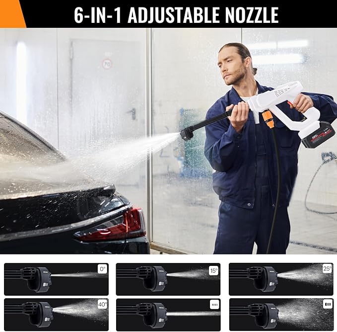 Portable Cordless Pressure Washer, 870 PSI/60 Bar Handheld High-Pressure Water Spray Wash Battery Powered Pressure Washer 48V with 6-in-1 Nozzle for Garden Car Floor Yard Fence Wall Cleaning