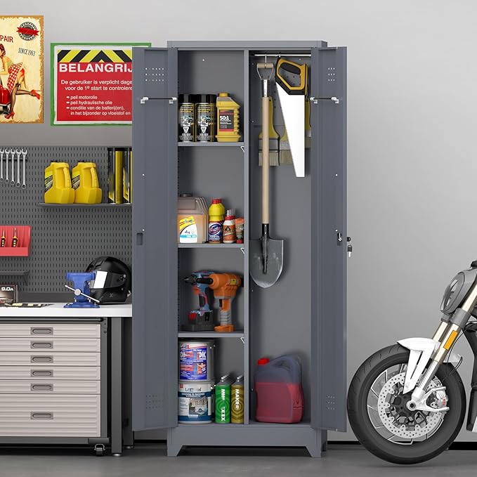 GREATMEET 65" Garage Storage Cabinet, Broom Closet Storage Cabinet, Metal Cabinets with Doors and Shelves, Utility Closet for Brooms and Mops, Utility Cabinets for Storage, Grey