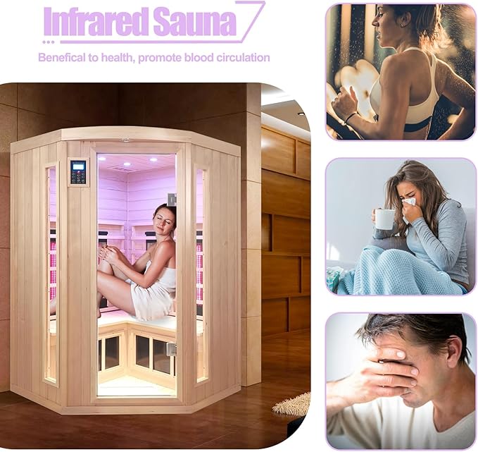 Ceramic Infrared Sauna, 2-3 Person Home Sauna, Canadian Hemlock Indoor Corner Sauna Spa, Wooden Sauna Room, 5 Low EMF Heaters + 4 Ceramic Tubes, Bluetooth Speakers, Chromotherapy Lights