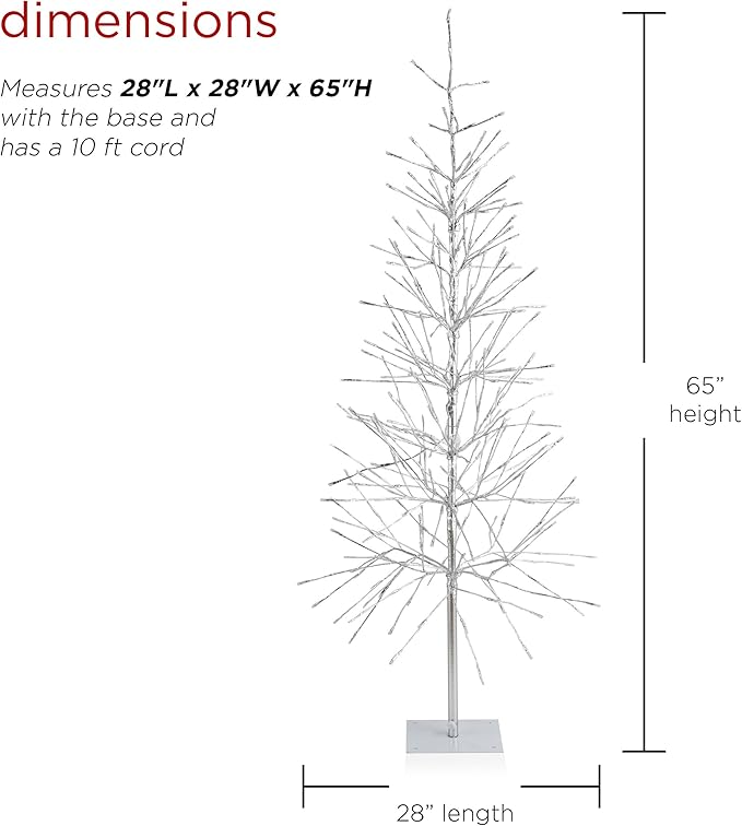 Alpine Corporation 65" H Indoor/Outdoor Pre-Lit Silver Foil Christmas Tree with Yard Stake and 360 LED Lights, Christmas Decoration