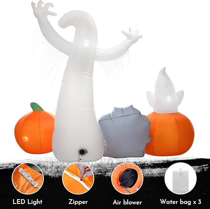 8 Ft Halloween Inflatables Outdoor Decorations, Halloween Decorations Ghost Pumpkins Tombstone with Built-in LED Lights for Halloween Party Indoor Outdoor Decor