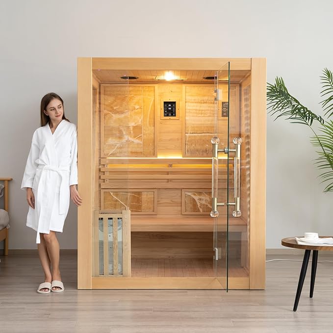 Smartmak Wood Home Steam Sauna, 3 Person Canadian Hemlock Traditional Luxurious Wooden Indoor Spa Room, with 3.5 kw Heater, Bluetooth Speaker, Rocks, Water Bucket, Spoon, Lights, US Instock