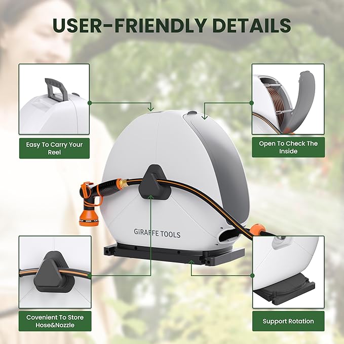 Giraffe Tools Heavy Duty Retractable Hose Reel, 5/8" x 92FT Automatic Rewind Garden Hose Reel with 360° Swivel Base, Ground Mounted for Lawn, Patio, Concrete Floor & Yard Watering