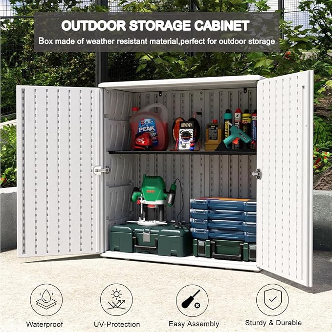 KINYING Outdoor Storage Cabinet Waterproof with Doors, 60 Gallon Resin Deck Box for Patio Furniture Cushions, Garden Tools, Pool Tools and Kids’ Toys (Off-White with 1 Shelving)