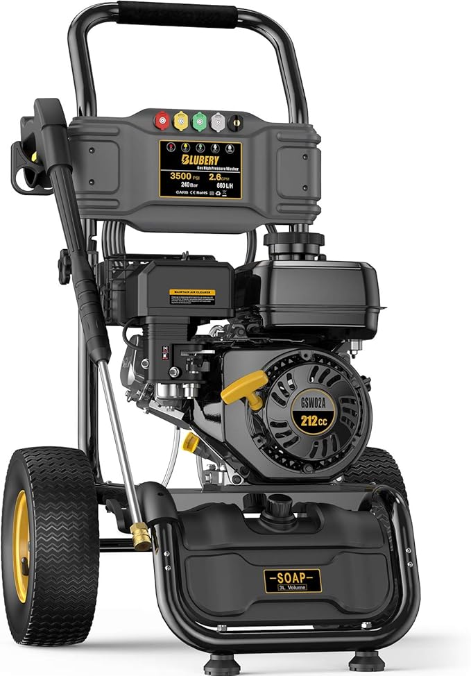 BLUBERY 3500PSI Gas Pressure Washer, 2.6GPM 212CC Heavy Power Washer, 30Ft High Pressure Hose&Soap Tank, 5 Adjustable Nozzles, Cleaning for Driveway/Concrete/Vinyl Fencing,Max