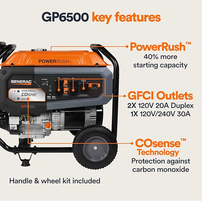Generac 8,125 Starting Watt Portable Gas Generator - Electric Start - Includes Extension Cord - Home or RV Ready - Quiet, Long Runtime, Emergency Power - 49-State Compliant
