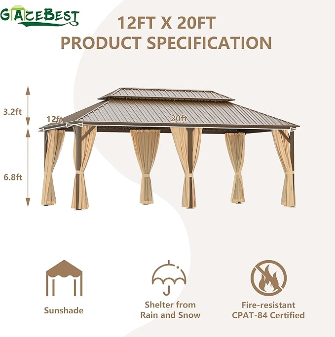 12x20 ft Hardtop Gazebo Outdoor Aluminum Patio Gazebo Double Roof Galvanized Steel Canopy with Netting and Curtains for Garden, Backyard,Deck and Lawns