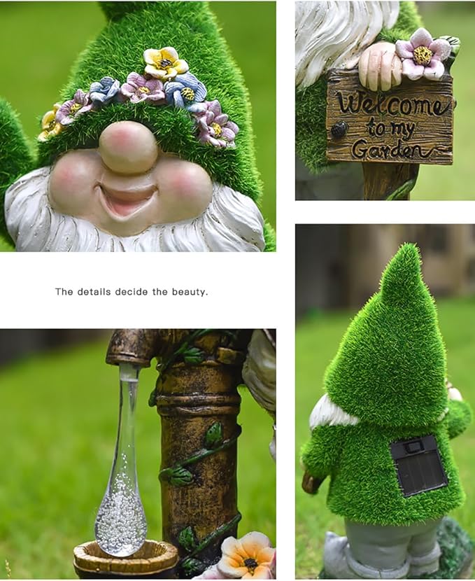 VINIUSIKI Solar Garden Gnome Statues with Water Pump Light, Easter Outdoor Decorations for Porch Patio, Lawn,Gifts for Women and Men, Decorative Resin Statue for Outdoor Patio Yard