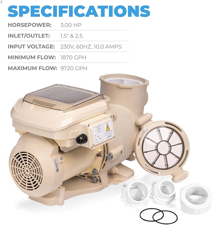 XtremepowerUS 3.0HP SuperFlow Variable Speed High-Flo Pool Pump In-Ground Pool Energy Efficient 230V, 9,720GPH 1-1/2” & 2” Adapter w/Timer, Compactible EC-342001