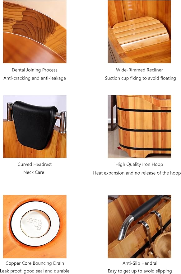 Wooden Hot Tub Bathroom Freestanding Soaking Non-Slip Bathtub Thickened Handrail Style Healthy Medicinal Bathtub For Both Adult And Child Family Members (Deluxe configuration with lid fumigation)