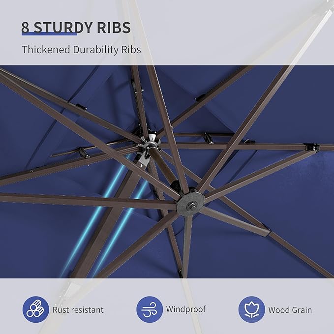 JZAC & QZYD 10 X 13 FT Cantilever Patio Umbrella Outdoor Rectangle Offset Double Top Large Heavy Duty Umbrellas with 360° Rotation for Deck Backyard Garden, Navy