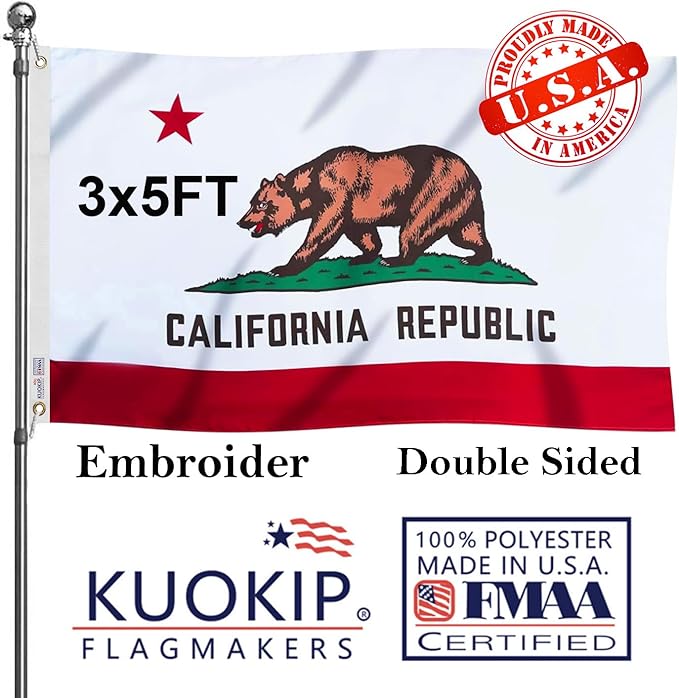 Double Sided Embroidery Californian State Flag 3x5 Outdoor Made In USA Heavy Duty 340D Great Nylon Californian CA Flags Banners with 2 Brass Grommets