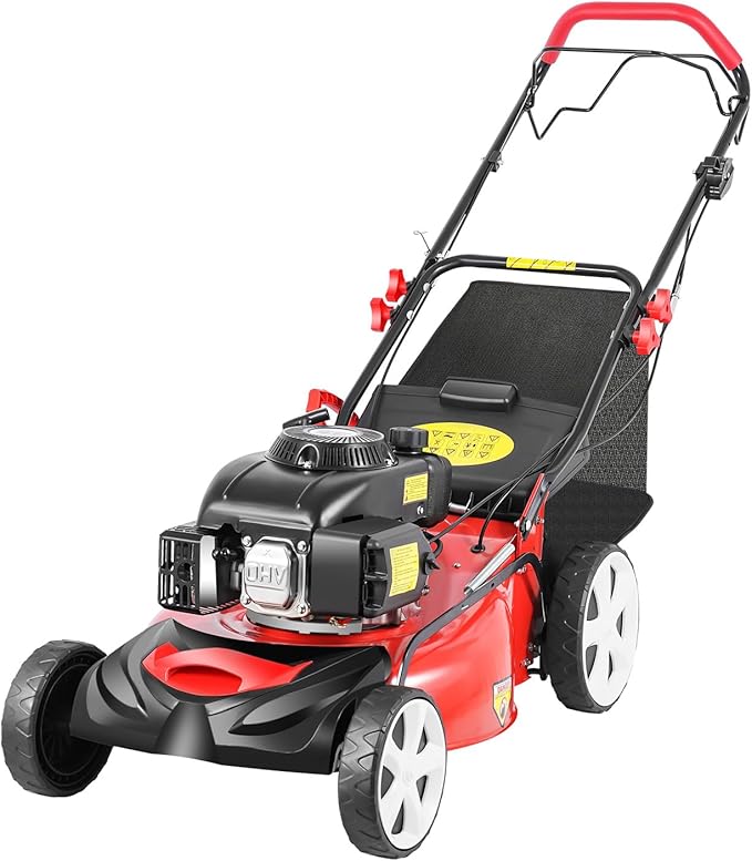 Self-Propelled Gas Lawn Mower, 140CC 4-Stroke 5HP Lawn Mower 3-in-1 Push Mower with 60L/15.9Gal Grass Catch Bag, Steel Grass Catcher for Yard & Garden, 8 Gears Mowing Height Adjustment, 2800Rpm