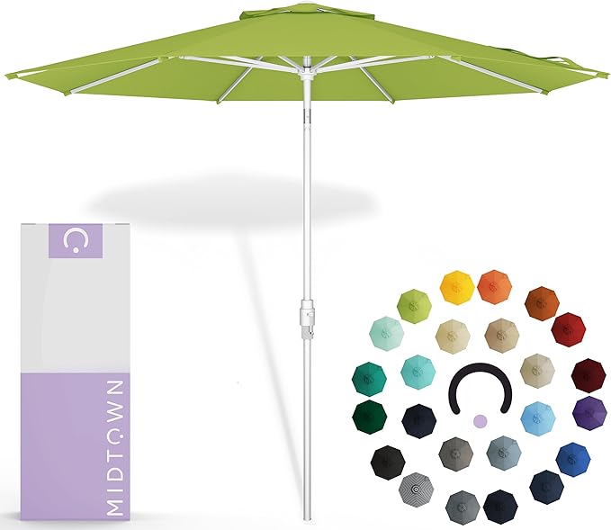 Midtown Umbrellas The Swilt 8 Feet Patio Umbrella in Sunbrella Macaw Acrylic Fabric - Fiberglass Ribs, Auto-Tilt Aluminum Frame For Backyard, Deck, Garden, Pool - White Pole