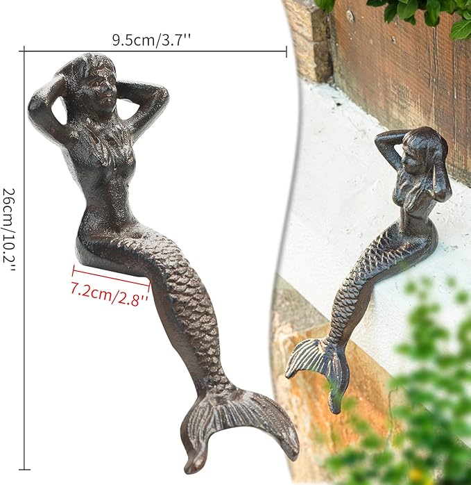 Sungmor Heavy Duty Cast Iron Mermaid Statue - 26CM Tall Sitting Mermaid Figure Ornament - Great Home & Garden Sculpture for Decorate Swimming Pool/Pond/Planter Stands/Book Shelf/Corner Table
