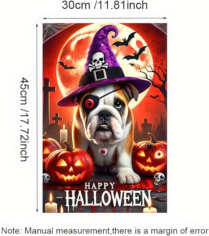 Hello Halloween Garden Flag One-eyed French Bulldog Dog Pumpkins Double Sided Vertical Seasonal Autumn Outdoor Yard Lawn Decorations Banner 12 x 18 Inch English Bulldog Witchy Halloween Flag