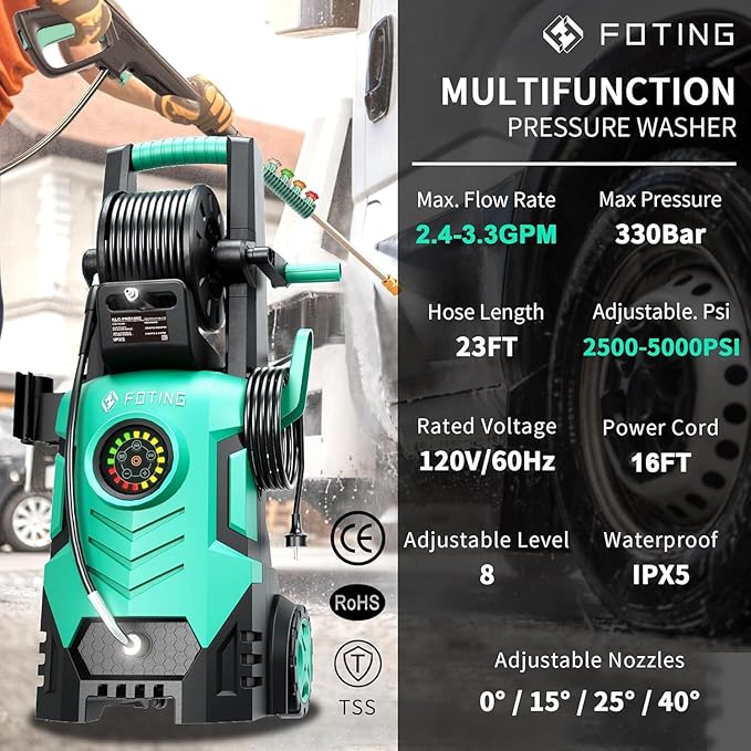 2025Upgraded Pressure Washer 5000PSI with Adjustable Touch Screen 8 Level, 34" Tall, 4 Quick Connect Nozzles,Inlet Hose&Filter&500mlFoam Cannon for Cars/Fences/Driveways/Home Cleaning,Green