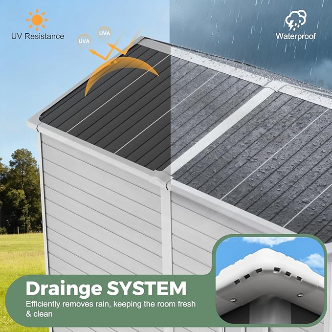 8X6 FT Resin Outdoor Storage Shed with Floor,Water Drainge Roof Plastic Sheds with Windows and Lockable Doors,Thickened Panel All-Weather Resistant Tool Storage Shed for Garden Backyard Patio, Grey