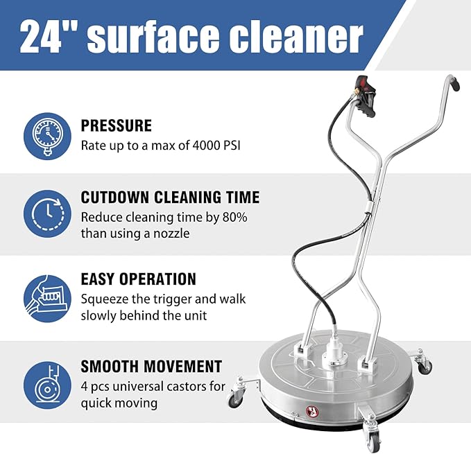 JANZ 24'' Pressure Washer Surface Cleaner with 4 Wheels,Dual Handle,Stainless Steel Housing, 4 Replacement Nozzle Cores and 2 Hose Adapters,Ideal for Driveways, Sidewalks,Patios,Decks Cleaning