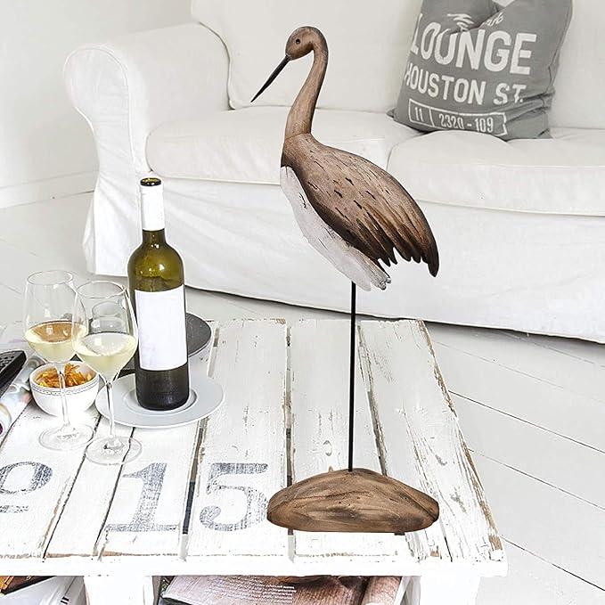 Morning View Wooden Crane Decor Wood Sea Birds Statue Bird Figurines Seabird Statue Standing Cranes Decorations Coastal Sculpture Nautical Beach Ocean Home Table Garden Yard Lawn Outdoor 24.5 Inch