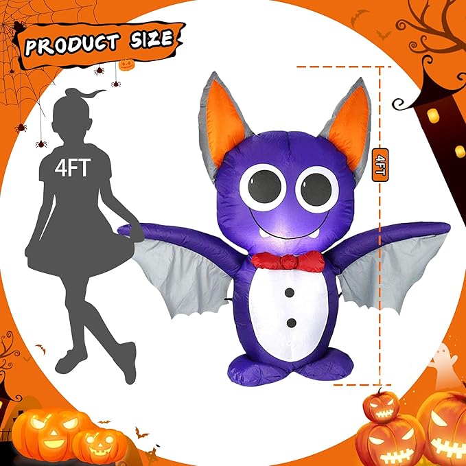 Dearsun 4FT H Adorable Halloween Inflatable Purple Bat with Build-in LED Lights Blow up Outer Indoor Decoration Large Party Yard Decoration