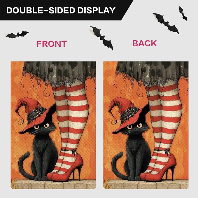 Witch's Black Cat Garden Flag Halloween Holiday Garden Flag Vertical Double Sided Rustic Farmland Burlap Yard Lawn Outdoor Decor 12.5x18"