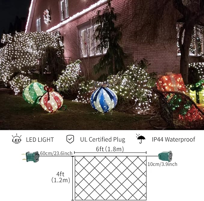 Led Christmas Net Lights Outdoor Christmas Decorations Lights 150LED 6ftx4ft, Connectable Outdoor Fairy Mesh String Lights for Party, Holiday, Wedding, Tree, Bushes Decorations (White)