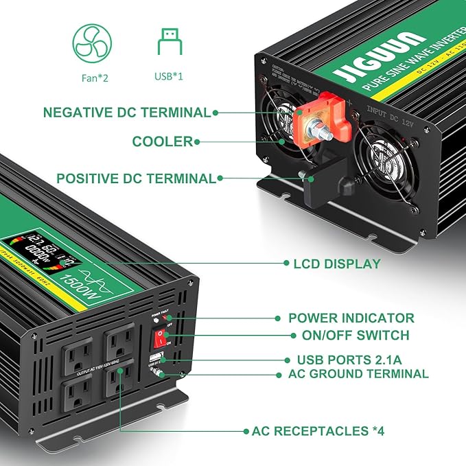 JIGUUN 1500 Watt Pure Sine Wave Power Inverter 12v DC to 110/120v AC Converter 3 AC & USB Output,Power Inverter LCD Display for Home RV Camping Car Truck 3000 Peak