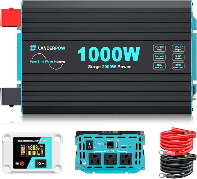 1000 Watt Pure Sine Wave Inverter, Power Inverter for Car, Camping, Solar, RV, Truck, Home, 12V DC to 120V AC Inverters with 3 AC Outlet, 30W USB-C, 5V 3.1A USB, Remote Control, Surge 2000W