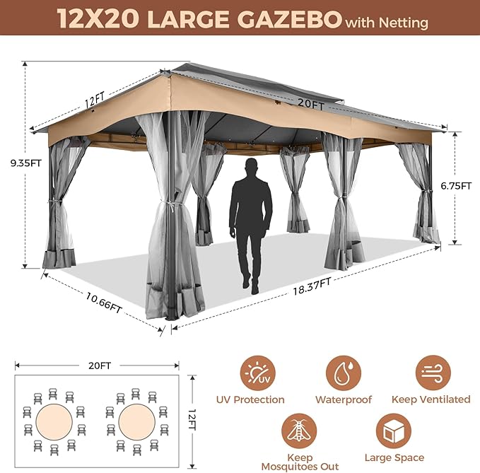 COBIZI Gazebo 12x20 Heavy Duty Gazebos with Improved Nettings Outdoor Gazebo Canopy Double Roof Patio Gazebos with Metal Steel Frame for Patio, Deck, Backyard (Gray)