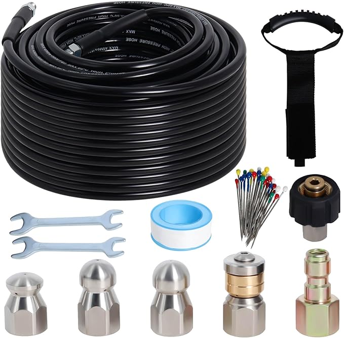 100FT Sewer Jetter Kit for Pressure Washer, 5800PSI Drain Cleaner Hose 1/4 Inch NPT Corner with 4 Sewer Jetting Nozzles，Waterproof Tape，Pearl Corsage Pin，Handle Strap & 2 Spanners (Black)
