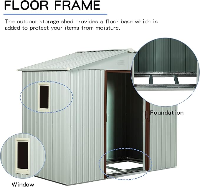 8x4 ft Outdoor Metal Storage Shed with Floor Foundation and Window, Lockable Galvanized Steel Tool Shed with Sliding Door and Air Vent, Waterproof Garden Storage House for Backyard, Patio