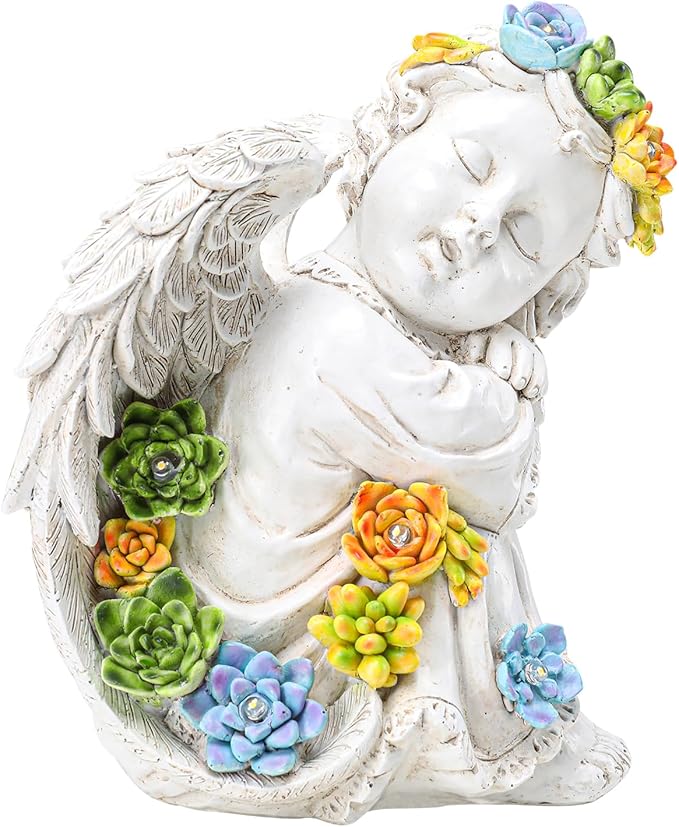 Solar Cherub Angel Outdoor Garden Decor Statues - 8 inches Angel Figurines Outdoor Sculptures with Succulent, Garden Statues for Outside, Patio, Balcony, Lawn Ornaments or Housewarming Gift