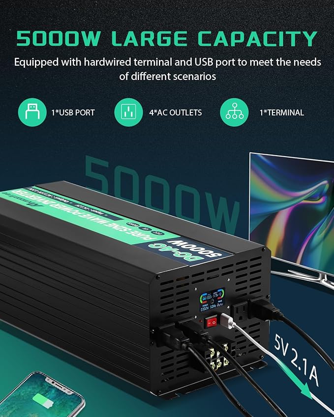 5000W Pure Sine Wave Power Inverter 12V DC to 110V AC with Wireless Remote Control LCD Display 1 USB Port, 4 AC Outlets, 1 Terminal Blocks for RV Truck Cabin Off Grid