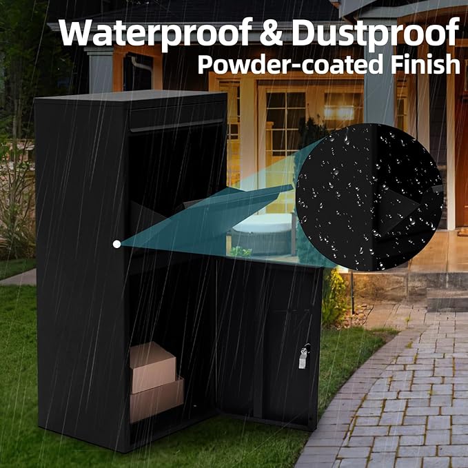 Black Mailboxes for Outside，Galvanized Steel Large Package Delivery Boxes for Outside,with Adjustable Baffle Parcel Drop Box,Wind and Rainproof Packages Box for front Porch