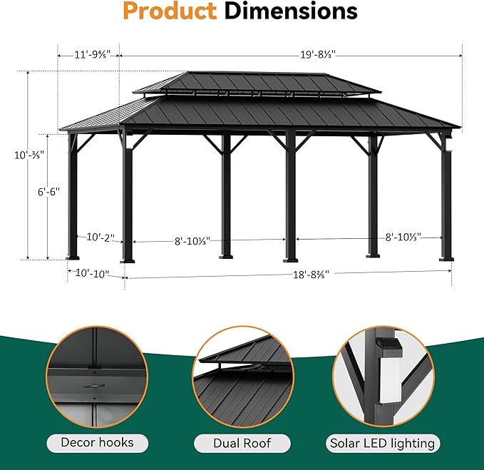 Modern Shade The Horizon Hardtop Gazebo 12' x 20' with 4 LED Lights, Permanent Outdoor Gazebo with Galvanized Steel Double Roof, Grill Pavilion with Decor Hooks, Mosquito Nettings, Black