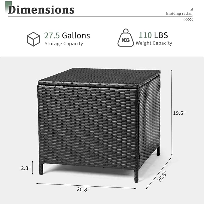 VINGLI 27 Gallon Outdoor Deck Box, Wicker Outdoor Storage Box with Lid, Small Storage Bin Container for Outside and Patio, Patio Rattan Side Table for Yard Porch (Black, Square)