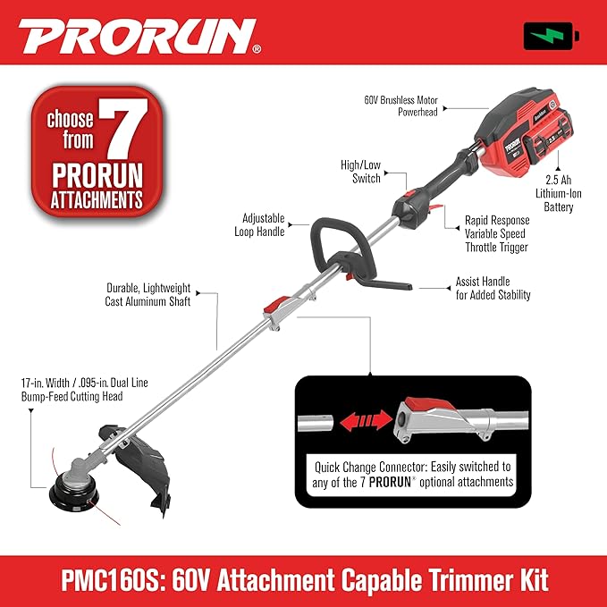 PRORUN 60V Attachment Capable Powerhead and String Trimmer Kit with 2.5 Ah Battery and Charger