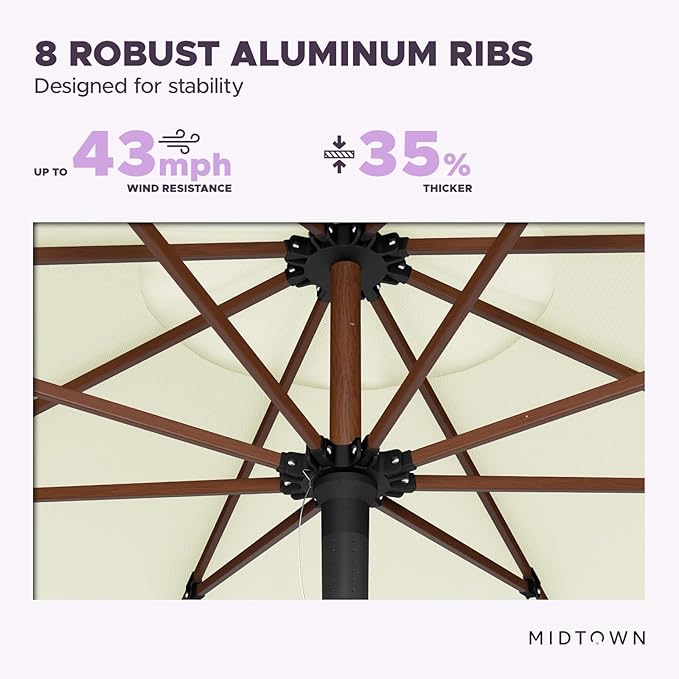 Midtown Umbrellas The Wooden 8 Feet Patio Umbrella With Sunbrella Canvas Natural Acrylic Fabric - Aluminum Frame Market Umbrella For Backyard, Deck, Garden, Pool - Wooden Pole