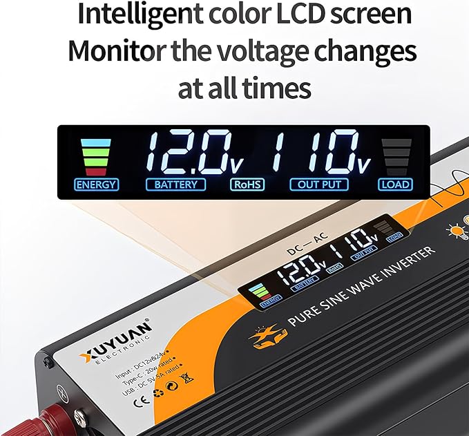1000W Pure Sine Wave Inverter (2000W Peak), 12V/24V Auto-Detect, 50Hz/60Hz Switchable, LCD Display, Type-C Fast Charging, Silent Design, Overload & Overheat Protection for RV, Home (Black-1000W)