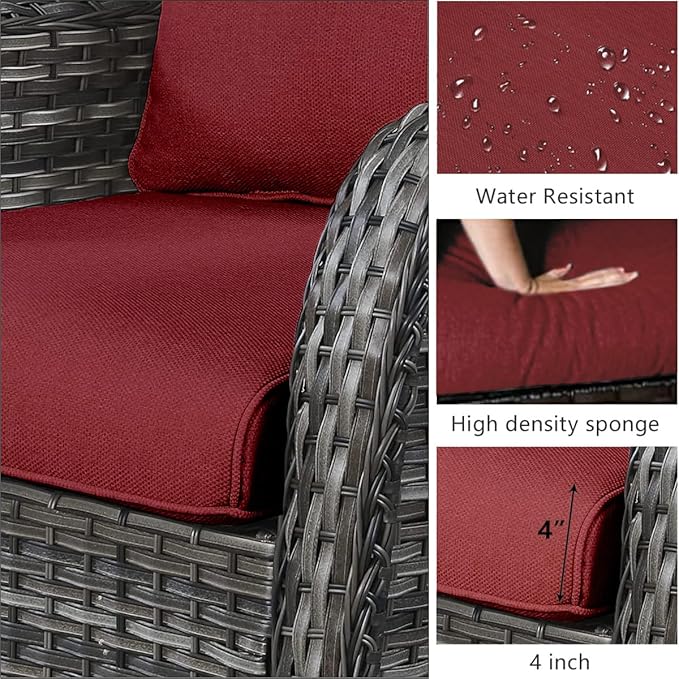 HUMMUH 3-Piece Swivel Rocking Rattan Chair Outdoor, Patio Bistro Furniture Conversation Set, Cushioned Wicker Chair with Glass Coffee Table(Grey, Red)