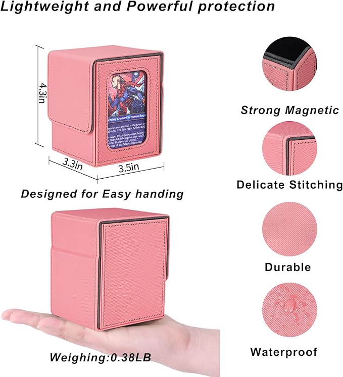 AFIING MTG Deck Box for Commander Display,Card Deck Box Fits 100 Double Sleeved Cards, Magic Commander TCG Card Storage Box with 2 Dividers,Drawstring Bag and 1 Toploader(Pink/grey)