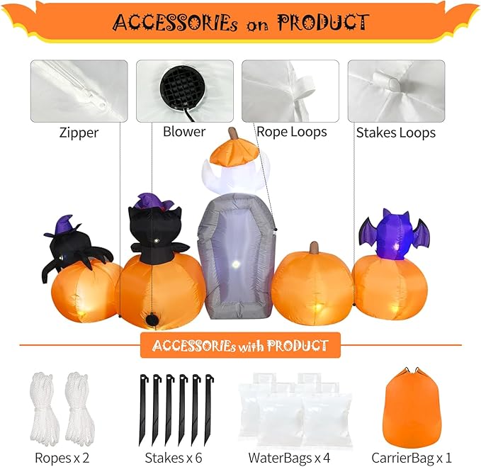 DomKom 8FT Halloween Inflatable Decorations, Blow Up Pumpkins and Tombstone Ghost Cat Bat Spider, LED Lights, Holiday Decoration for Halloween Party Outdoor, Yard, Garden Lawn Décor