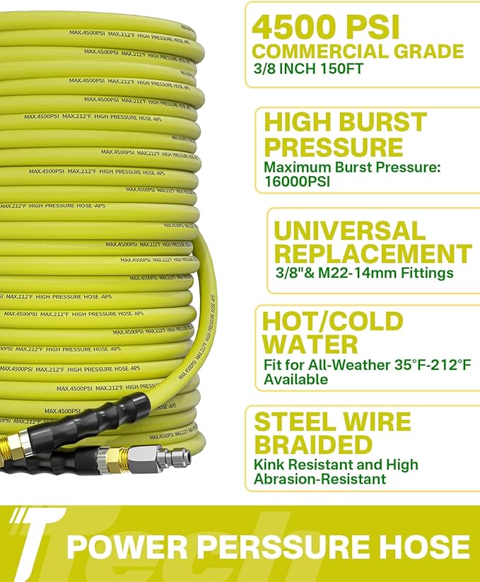 Pressure Washer Hose 150FT 3/8" for Cold and Hot Water 212°F, with Swivel Quick Connect, 4500PSI Kink Resistant Grade Steel Wire Braided, Power Washer Hose With 2pcs M22-14mm Adapter