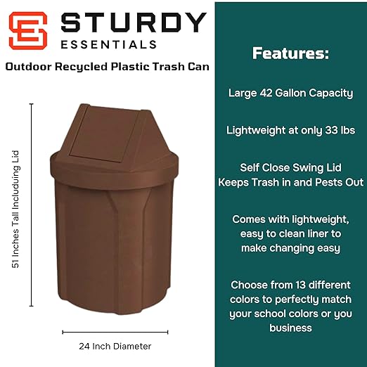 42 Gallon Round 100% Recycled Plastic Indoor or Outdoor Commercial Trash Can with Easy Access Swing Top Lid | Great for Schools and Businesses - Brown Granite