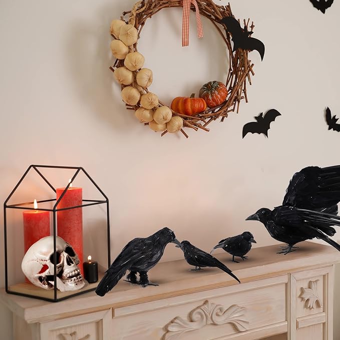 Yerliker 5 Pcs Halloween Black Feathered Crow and Skull Statue Set Handmade Realistic Crow Decor Spooky Plastic Fake Porch Decor for Halloween Decorations