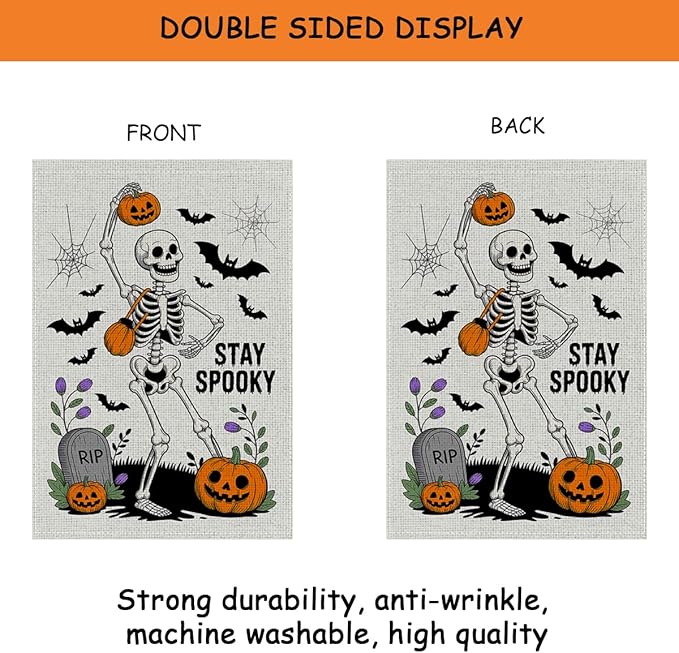 HTBIG Funny WSkeleton Halloween Garden Flag, Spooky Halloween Garden Flag, Yard Flags for Outside 12x18 inch, Outside Yard for Home Decorations
