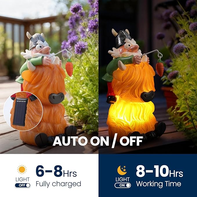 Garden Statue–Grome&Highland Cow Outdoor Decor Solar Light for Yard, Patio or Balcony–Eco-Friendly Resin Figurine Gift for Parents, Friends, Coworkers–Christmas, White Elephant, Thanksgiving, Birthday